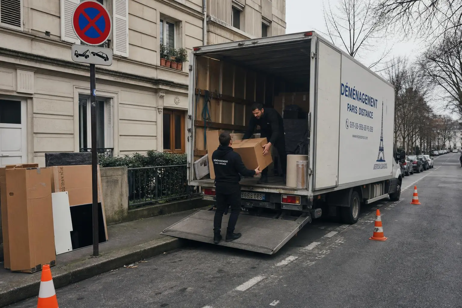 Déménagement parisien avec camion et équipe chargeant des cartons sur une rampe, rue tranquille, panneau de stationnement nearby. Déménagement Paris Distance affiché sur le véhicule.