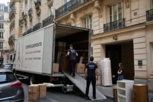 Autorisation stationnement déménagement Paris: déménageurs déchargant des meubles d’un camion sur trottoir devant immeuble parisien.