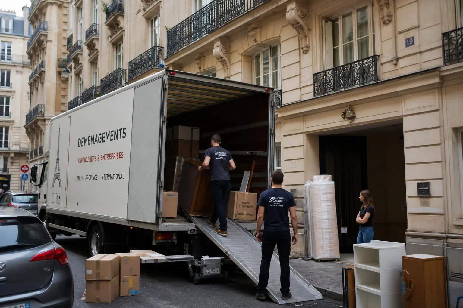 Autorisation stationnement déménagement Paris: déménageurs déchargant des meubles d’un camion sur trottoir devant immeuble parisien.