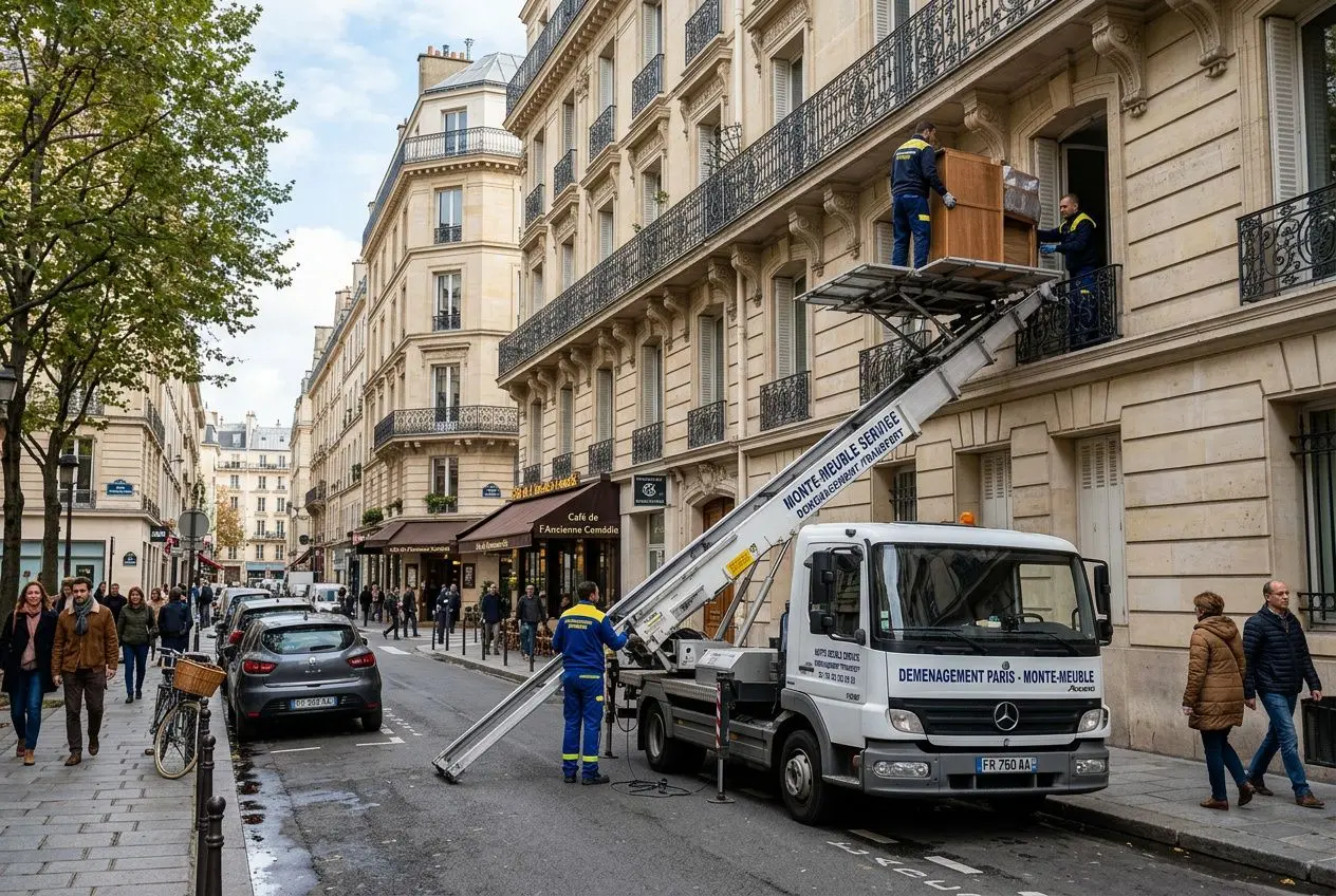 Autorisation stationnement déménagement Paris: déménageurs utilisant une nacelle sur une rue parisienne devant un immeuble pour transfert de meubles.