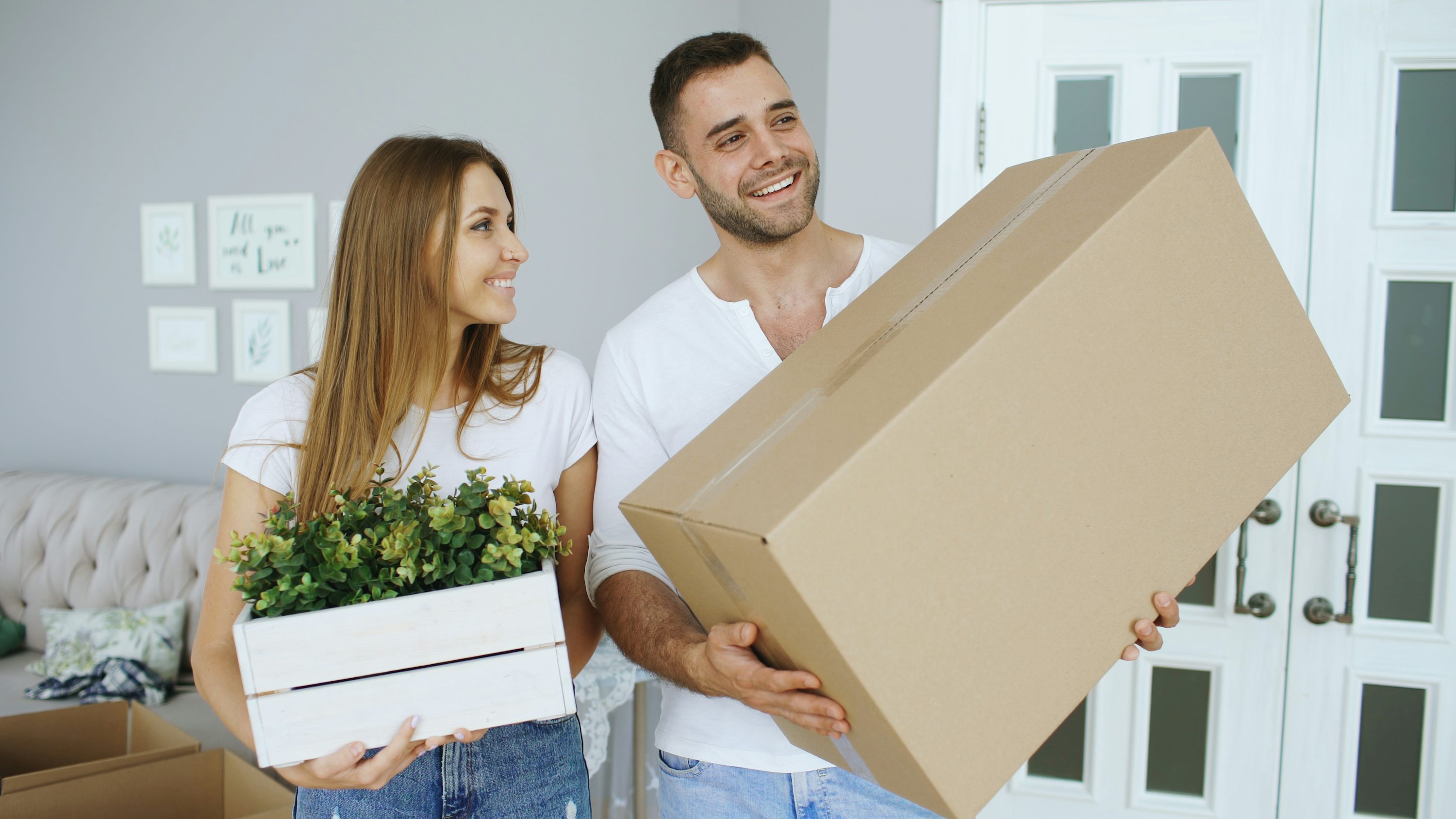 Deux déménageurs souriants portent des cartons et une boîte de plantes décoratives dans une pièce domestique.